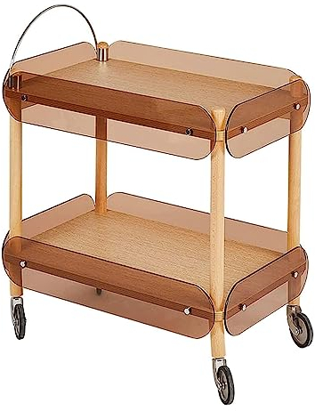 POCHY Chariot de Service Table d'extrémité à 2 Niveaux Chariot à Boissons en Verre Rectangle avec Roues Chariot Roulant Table Basse Mobile Chariot de Rangement en Bois
