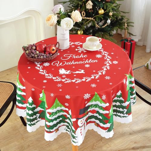 iEvery Tischdecke Rund Weihnachten, 150cm Runde Weihnachtstischdecke Schneeflocke Abwaschbar Polyester Tischtuch für Weihnachtstag Neujahr Party Dekoration, Frohe Weihnachten, Rot Rund