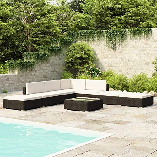 Homgoday 8-teiliges Outdoor-Sofa-Set mit Kissen aus schwarzem Polyrattan, Schlafsofa, Schlafsofa, Schlafsofa, Schlafsofa, Sofabett für den Außenbereich, Gartenmöbel