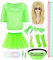 80er 90er Jahre Outfit Damen 80 Jahre Kostüm Zubehör Set Retro Neon Kostüm Party 80er Jahre Kleidung Frauen Set für Karneval Bad Taste Mottoparty mit 80er 90er Perücke Blond Netzshirt Grün 054G