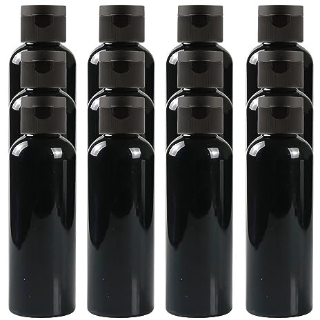 BPZXL Pack of 12, Empty 100ml Refillable Black Plastic Bottles with Black Flip Cap Bottle for Cosmetic shampoo conditioner lotion shower gel Treavl etc