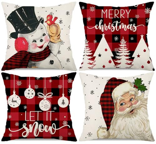 Kithomer Rote Weihnachts-Kissenbezüge, 50,8 x 50,8 cm, 4 Stück, Weihnachtsmann, Schneemann, Schneeflocke, Bauernhaus, Büffel, Weihnachtsdekoration, Let It Snow Kissen, dekorativer Kissenbezug für Sofa