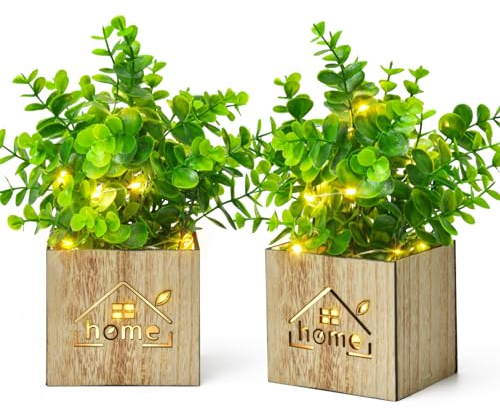 Elecoutek 2 Set Kunstpflanzen mit LED in Holzkiste, Plastikpflanzen Eukalyptus wie Echt Künstliche Pflanze im Topf, Deko Fake Pflanzen für Wohnzimmer Badezimmer Fensterbank Innen Deko