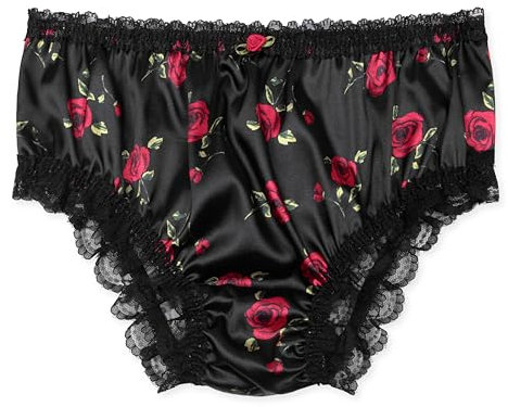 Satini Satin Dentelle froufroutante efféminé Shorty Slips Culottes sous-vêtements (Noir - Roses Rouges, XL)