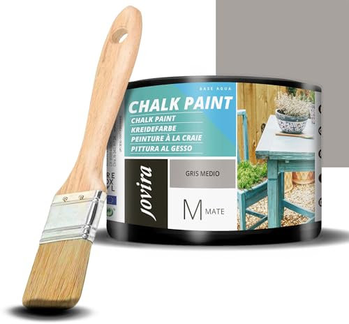 JOVIRA PINTURAS Pintura Tiza - Chalk Paint al Agua Mate + Pincel especial para madera. Renueva tus muebles con creatividad. (375 Mililitros, Gris Medio + Pincel)