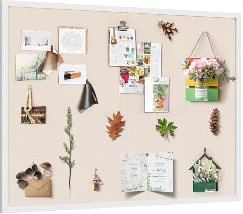 Miratino Große Pinnwand, 121,9 x 91,4 cm, mit Leinenkorktafeln, Wanddekoration, Hängestift, Holzrahmen, Display, Pinnwand, Kork, Foto, Bildtafel, Licht für Zimmer, Schule, Büro, 30-Pushpin weiß