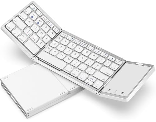 Seenda Folding Bluetooth Keyboard with Touchpad, Foldable Portable Travel Mini Wireless Keyboard, Rechargeable UK layout for iOS Android Windows PC Tablet phone ipad, White and silver