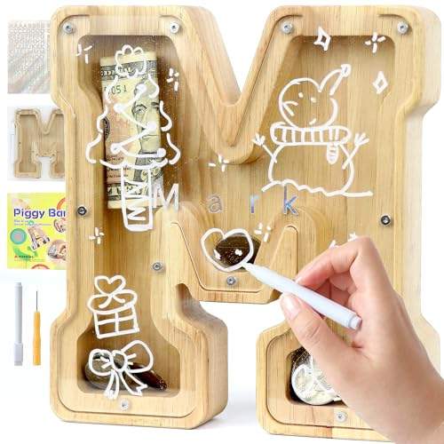 Lakpopya Personalisierte Durchsichtige Kinder Spardose für Jungen & Mädchen - Holz A-Z mit Zielbereich, Aufkleber & Marker - Taufe Geschenk Dekoration (M)