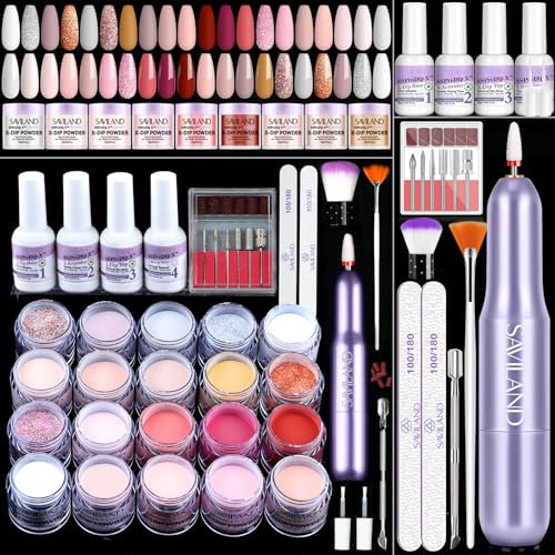 Saviland 30Pcs Dip Powder Nail Kit with Drill: 20 Colors Nail Dip Powder Kit with Vitamin Castor Oil Dip Base & Top Keratin Dip Powder Hexa-NutriStrengthen for French Nail Art Manicure Salon