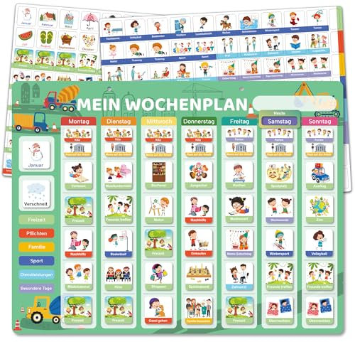 Cucoller Wochenplaner für Kinder | Montessori Magnettafel inkl. 184 Magnete & Kordel | Kalender beschreib- & abwischbar | magnetisches Lernspielzeug auf Deutsch für Kinder, Jungen & Mädchen