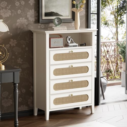 HAUSPROFI Kommode Weiß mit Schubladen, Rattan Sideboard Wohnzimmer, Kleine Kommode Holz, Schubladenschrank mit Massivholz Beine, Komodenschrank Sideboard Modern Stil - Maße: 110 * 38 * 80 cm