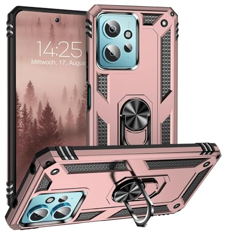 LBH Outdoor Hülle für Xiaomi Redmi Note 12 Armor Militär Stoßfest Handyhülle 360 Grad Metal Ring Halter Ständer Schutzhülle für Handyhalterung Auto Magnet Rosegold
