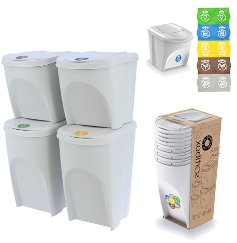botle Lot de 4 poubelles de tri sélectif de 120 l - 2 x 35 l + 2 x 25 l - Blanc cendré - Couleur à empiler - Compact, modulaire et léger - Tri facile des déchets ménagers - Plastique