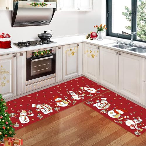 CAROMIO Weihnachts Küchenteppichläufer, 40 x 60 + 40 x 120 cm Küchenteppiche Waschbar 2-teilig Gummirückseite rutschfeste Bodenmatten für Küche Esszimmer Flur Weihnachtsteppich Schneemann