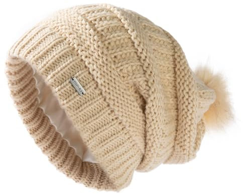 TOP-EX Kuschelige Damen Strickmütze aus 100% Wolle mit Bommel - Fleecefutter, Winddicht & ideal für Wintersport - Beige