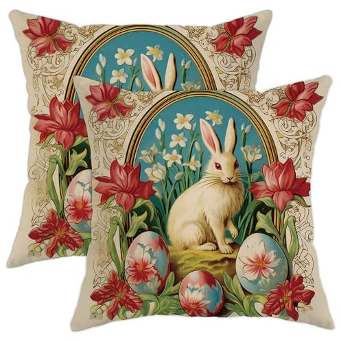 Kissenbezüge mit Osterhasen-Motiv, 2er-Set, rote Blume, hübsches Tier, Barock, luxuriös, Retro, Antik, Türkis, weicher Samt, Schlafzimmerdekor, Kind, Mädchen, Zuhause, Wohnzimmer, College-Wohnheim,