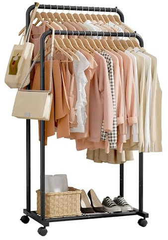 Sakugi Kleiderständer - Kleiderständer auf Rollen, Kleiderstange mit Aufbewahrungsgitter, Robuster Metall-Garderobenständer für Kleider, Kleider, Pullover, Mäntel, Clothes Rack (Schwarz, Groß)