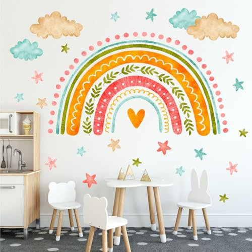 Wandtattoo Regenbogen Groß Boho Wandaufkleber mit Sternen und Wolken für Kinderzimmer Wandsticker Wanddeko für Mädchen, Schlafzimmer und Babyzimmer