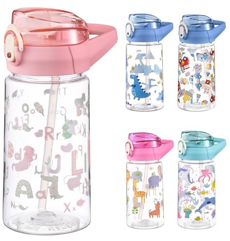 PLUSHCEWT Gourde Enfants 500 ml / 17,6 oz Bouteille d’eau pour enfants avec paille étanche pour l’école Facile à ouvrir Serrure sécurisée Bouteille de sport sans BPA pour filles garçons (A)