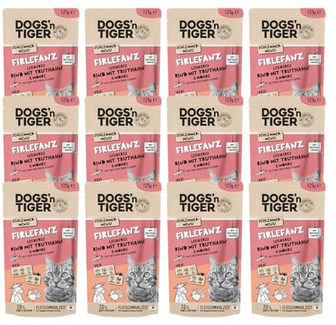 Dogs’n Tiger Schlemmermenü, Adult Nassfutter für Katzen, Katzenfutter, Firlefanz, Rind, Truthahn & Möhre, 12x 125g