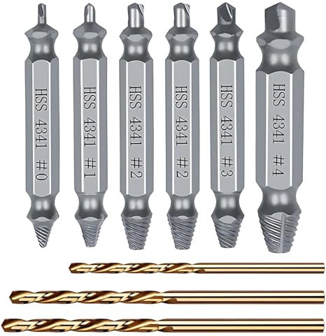 Damaged Screw Extractor Set 9PCS HSS Screw Grab Removal Tool with Twist Drill Bit Easy Out Stripped Screw Remover for Broken Head Rust Nuts Bolts 1-14mm, Hardness is 63-65HRC