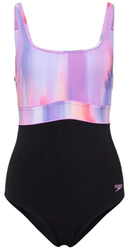 Speedo SPDSCU CNTR Eclipse Women's Swimsuit with Adjustable Straps, Colour: Black/Purple, Size: 40