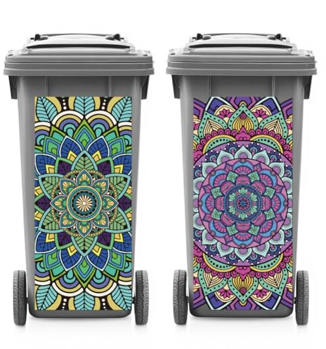 ANATTASOUL 2 Sheets Wheelie Bin Stickers Decorative Mandala Waterproof Dustbin Covers Decor, 14.9x 32.2 Adhesive Large Decal for Bins, Fridge, Wall Outdoor, Indoor Decoration