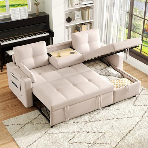 Oxtao Sofá moderno en forma de L, sofá cama modular, sofá cama extensible con función de cama, equipado con espacio de almacenamiento, portavasos extraíble, tela de lino (Beige)