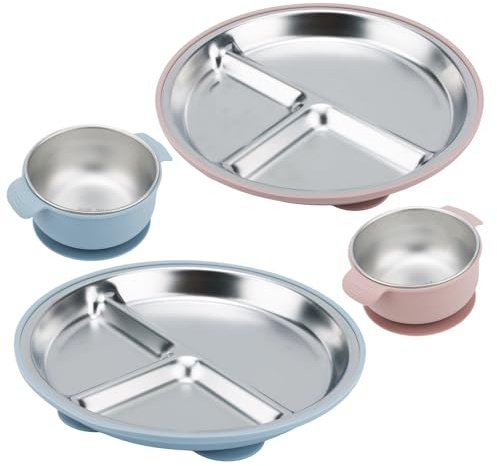lasuroa 4 Platos y Tazones Acero Inoxidable Bebés, Platos y Tazones Divididos para Niños con Ventosa Silicona Extraíble Suministros de Alimentación Fáciles de Limpiar para Bebés