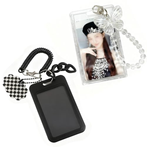 Soiftra Kartenhalter Ausweishülle 2 Stück aus Acryl | Photocard Holder mit Band und Schmetterling Design für Kpop Album, Studentenkarte, Bankkarte und Schlüsselanhänger