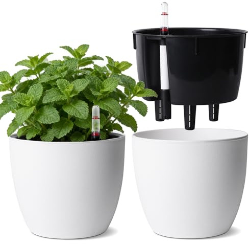T4u Maceta de Autorriego 17,5 cm Pack de 2 con Indicador de Agua Blanco | Riego reducido, control fácil del agua, raíces hidratadas, Pothos, Monstera, flores, hogar, oficina, ventana, principiantes