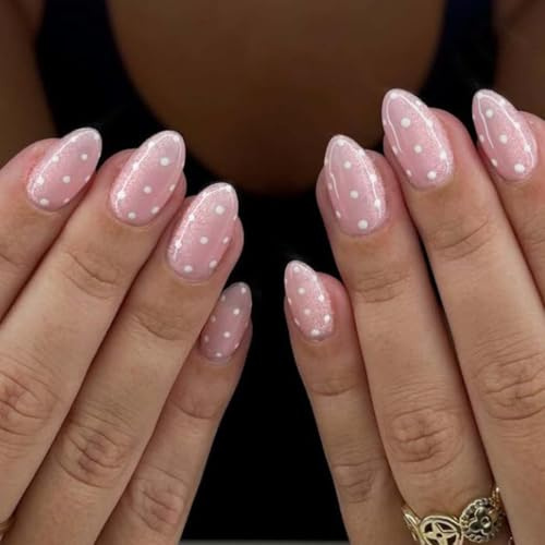 Xanthelle Ongles à Presse, ongles à presser courts & ongles à coller, faux ongles rose doux avec points blancs pour femmes 24 pièces ongles artificiels