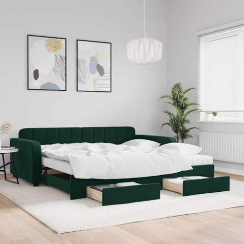 Hoopleep Dark Green Velvet Daybed, Extendable Sofa Bed with 2 Storage Drawers, 100x200 cm Twin to King Size Guest Sleeper, Sturdy Wood Metal Frame for Living Room, Bedroom
