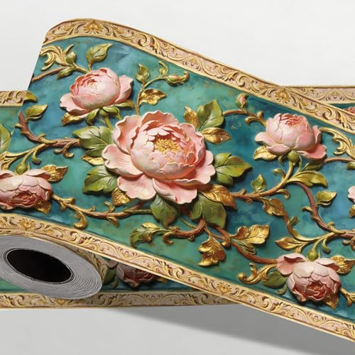 CONCHLERY Rococo 3D Embossed Flowers Wallpaper Border 197 Inch | Self Adhesive Peel and Stick Removable Vinyl Wallpaper Border for Living Room Bedroom Kitchen TV Background Decor