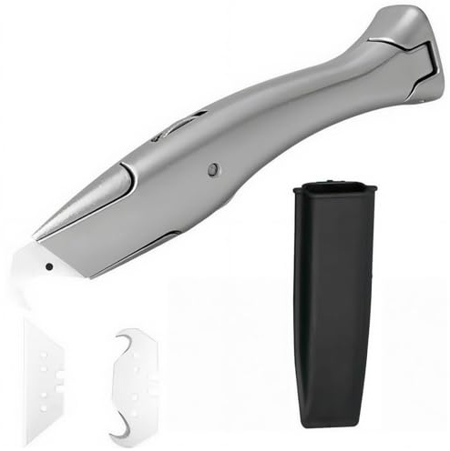 4 Stück Teppichmesser Profi Hakenmesser Set mit Trapezklinge und Hakenklinge, Messer mit Cuttermesser Klingen und Scheide, Arbeitsmesser für PVC-Boden, Teppich, Aluminiumlegierung, Silber