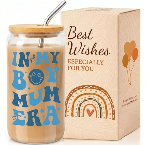 VivaJoy in My Boy Mum Era Glass Coffee Cup with Lid & Straw - Mum to Be Gifts, Pregnancy Gift for Expecting Mums, New Baby Gift for Boy Mama, Birthday Christmas Mother's Day Present