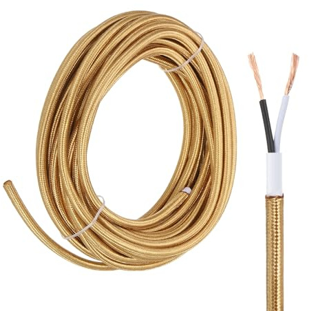 QUARKZMAN 25Ft Cable De Lámpara Cubierto De Tela 300V SVT Oro Claro | UL Certificado 18AWG 2 Conductores Cable Vintage Industrial, Cable Eléctrico Trenzado, Para Proyectos De Iluminación DIY