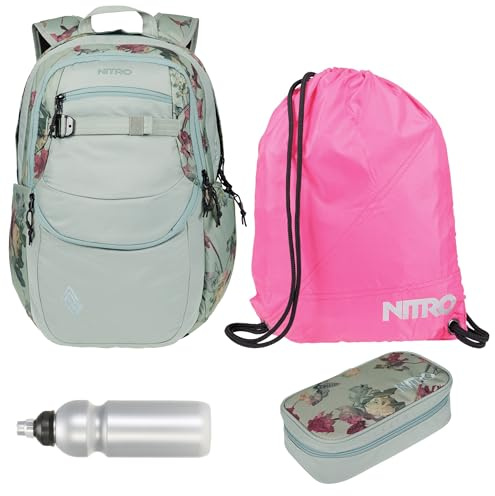 NITRO Schulrucksack 4 Teile Set Future Hero Dead Flower 1983 rtmf | Schulrucksack Jungen Mädchen Schultasche Schulmappe Rucksack Box Sportbeutel Trinkflasche Laptopfach