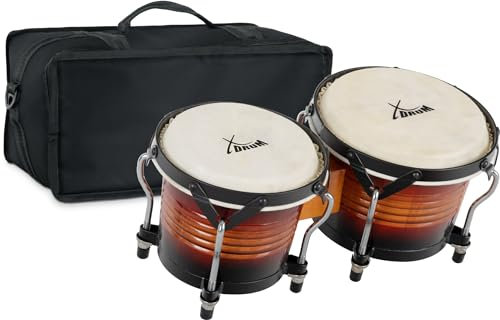 XDrum Bongos Pro Vintage Sunburst - 2 Trommeln mit 6,5 (17 cm) und 7,5 (20 cm) Durchmesser - Bongotrommeln mit stimmbaren Naturfellen, Stimmschlüssel und Tasche - Holztrommeln Rotbraun