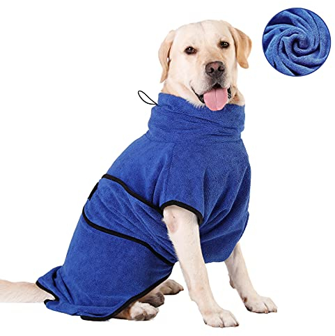 HAPPY HACHI Hunde Bademantel Mikrofaser Badetuch Hundebademantel Waschbare Super Saugfähig Feuchtigkeit Schnell Trocknend Handtuch Strandtuch für Kleine Mittlere und Große Hund Katze (Blau, L)