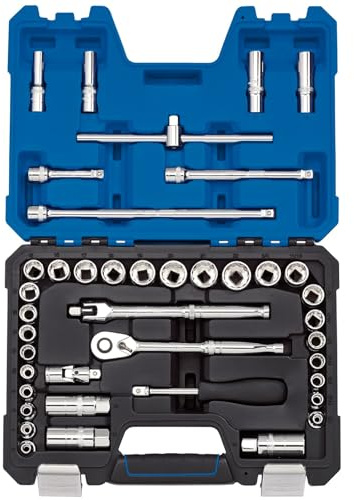 Draper 16465 3/8-Inch Square Drive Combined mm/AF Polished Chrome Socket 41 Piece Set, Blue
