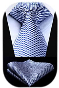 HISDERN Cravate Homme Bleu & blanc Mariage Élégant Cravates et Pochette Plaid Classique Ensemble de Cravate Mouchoir d'affaires Fête