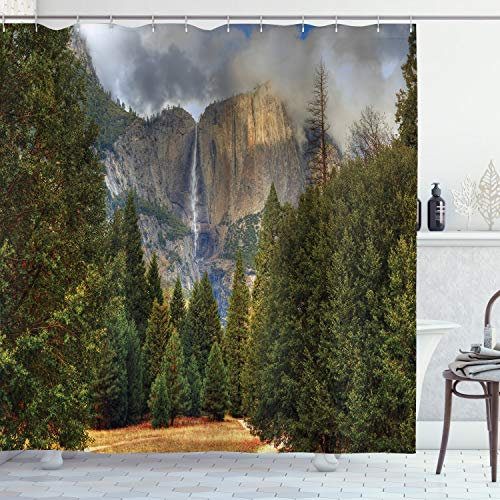 ABAKUHAUS Yosemite Duschvorhang, Yosemite Park Herbst, Stoffliches Gewebe Badezimmerdekorationsset mit Haken, 175 x 240 cm, Grün Grau