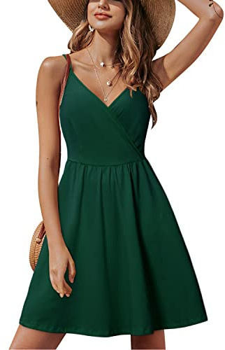 STYLEWORD Women's V Neck Floral Spaghetti Strap Summer Dress Casual Swing Midi Sundress with Pockets