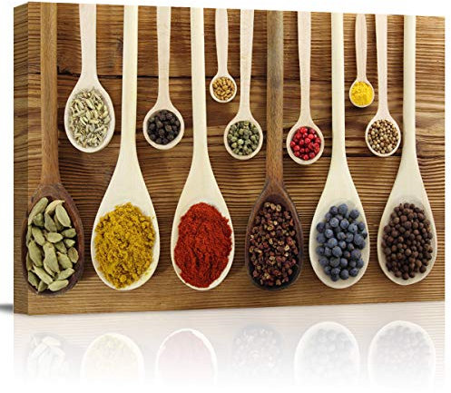Quadro da parete su tela con spezie colorate in cucchiai di legno, decorazione da parete moderna, stampa giclée su tela su tela pronta da appendere, 40,6 x 61 cm