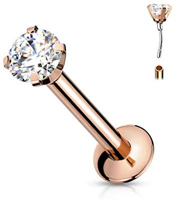 Tata Gisèle Piercing Labret Monroe en Acier Chirurgical 316L - Zircon Transparent Serti sur Tige Une d'acier Push in sur Goujon à Dos Plat - (Or Rosé/Transparent, 8)