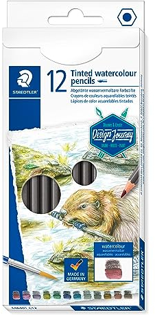Staedtler Crayons de couleur aquarellables teintés de haute qualité pour artistes, Utilisables à sec ou à l'eau, Mine douce et tendre de 3 mm, Étui carton avec 12 couleurs différentes, 14610T C12