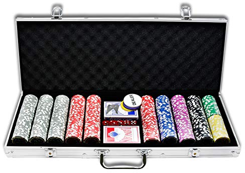 UISEBRT Pokerkoffer Set 500 Chips - Pokerset Laser inkl. 2X Pokerdecks, 5X Würfel, 3X Dealer Button (500 Chips, Silber Aluminium-Gehäuse)
