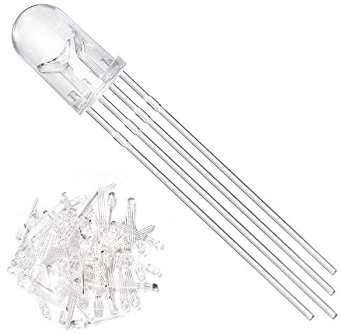 Youmile 100Pack 5mm LED Light Emitting Diode Common Cathode 4Pin RGB Tri-Color(Red/Green/Blue) Clear Transparent Round LED Lamps Buld For Arduino, PCB