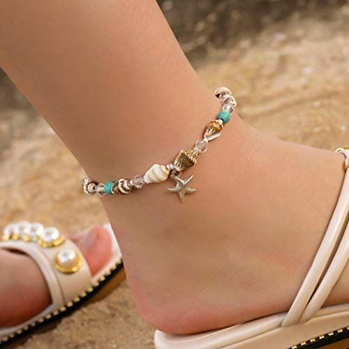 TseenYi Bracelet de cheville bohème tendance en forme d'étoile de mer en pierre naturelle conque avec perles de coquillage, série océan plage pour femmes et filles, 1 Count (Pack of 1), Pierre